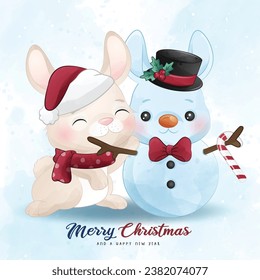 Adorable little bunny merry christmas with watercolor illustration