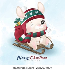 Adorable little bunny merry christmas with watercolor illustration