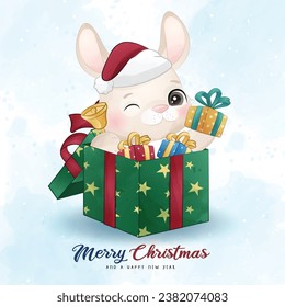 Adorable little bunny merry christmas with watercolor illustration