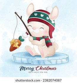 Adorable little bunny merry christmas with watercolor illustration