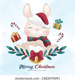 Adorable little bunny merry christmas with watercolor illustration