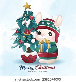 Adorable little bunny merry christmas with watercolor illustration