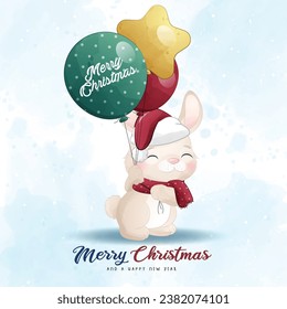 Adorable little bunny merry christmas with watercolor illustration