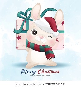 Adorable little bunny merry christmas with watercolor illustration