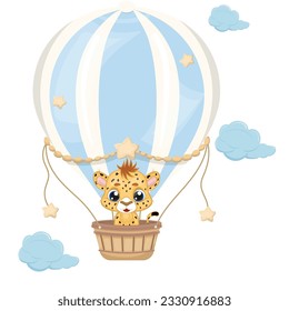 Adorable little cheetah flying with air balloon. Cute baby cheetah vector illustration