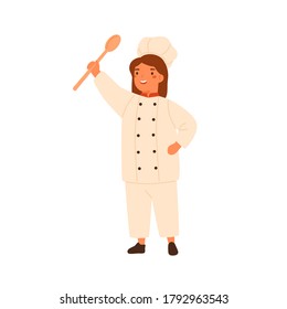 Adorable little chef portrait, cute girl in cook uniform. Child in chefs hat, toques. Smiling kid holding serving wooden soup spoon ladle. Flat vector cartoon illustration isolated on white background