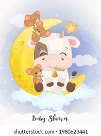 Adorable little cow and mice in watercolor illustration