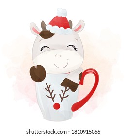 Adorable little cow sitting on the cup wearing santa hat