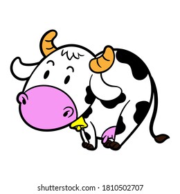 Adorable Little Cow wearing a Bell and standing Cartoon Vector