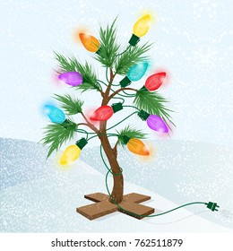 Adorable Little Crooked Christmas Tree With Colorful Glowing Lights On A Snow Background; Retro Style Inspired By Mid-century Modern Illustration