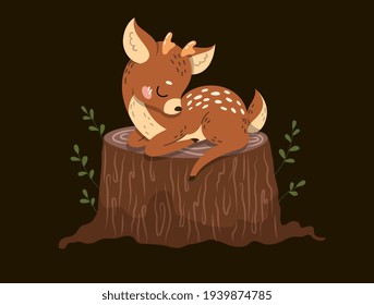 Adorable little deer asleep on a tree stump in the forest against a black background with plants, colored vector illustration