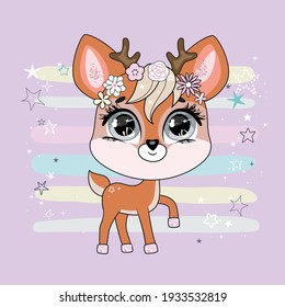 Adorable little deer character over background with decorative elements.