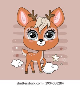 Adorable little deer character over background with decorative elements.