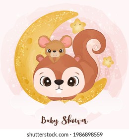 Adorable little deer and mice in watercolor illustration