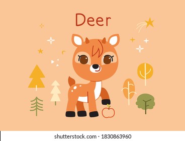 Adorable little deer. Vector illustration on pastel background.