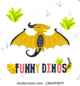 Adorable little dinosaur vector illustration for kids fashion, funny dino in cartoon style. Ideal for cards, invitations, party, banners, kindergarten, baby shower, preschool and children room