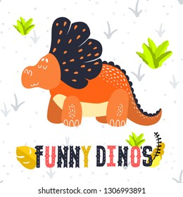 Adorable little dinosaur vector illustration for kids fashion, funny dino in cartoon style. Ideal for cards, invitations, party, banners, kindergarten, baby shower, preschool and children room