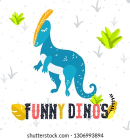Adorable little dinosaur vector illustration for kids fashion, funny dino in cartoon style. Ideal for cards, invitations, party, banners, kindergarten, baby shower, preschool and children room