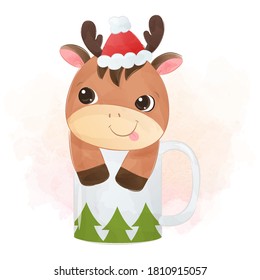 Adorable little donkey sitting on the cup wearing santa hat