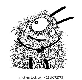 Adorable little fluffy monster for kids, funny cute creature design. Hand drawn black and white outline monster freehand drawing for children design. Vector clipart.