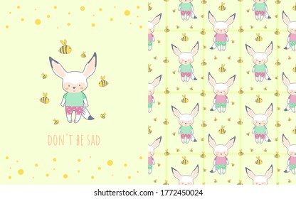 Adorable little fox cartoon character with sweet bee, illustration and seamless pattern for kids