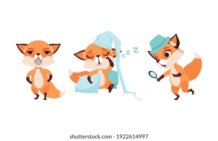 Adorable Little Fox in Various Actions Set, Funny Baby Animal Cartoon Character Vector Illustration