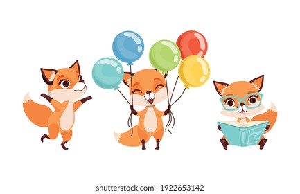 Adorable Little Fox in Various Actions Set, Lovely Happy Baby Animal Cartoon Character Vector Illustration on White Background