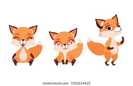 Adorable Little Fox in Various Emotions Set, Lovely Baby Animal Cartoon Character with Various Face Expression Vector Illustration