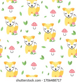 Adorable little foxes with toadstools and leaves. Cute seamless vector pattern with Wild woodland animals. Fun happy characters with closed eyes. Unisex background for kids in bright colors