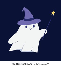 Adorable little ghost with wizards or witch hat and a magic wand, Halloween themed hand drawn vector illustration, isolated on dark background
