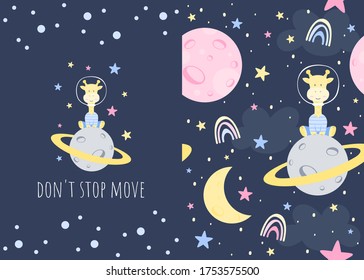 Adorable little giraffe cartoon character at planet , seamless pattern for kids and illustration