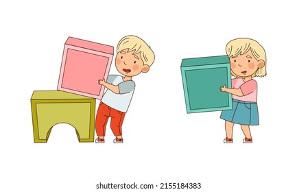 Adorable little girl and boy playing with stuffed big toy blocks cartoon vector illustration