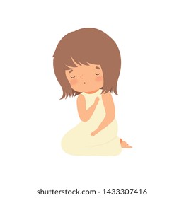 Adorable Little Girl Character Praying Standing on Her Knees Cartoon Vector Illustration