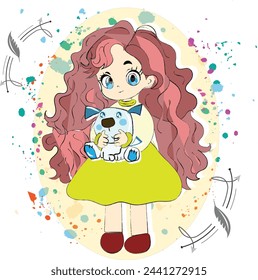Adorable little girl child cartoon character holding teddy dog toy standing bokeh on colorful stock illustration