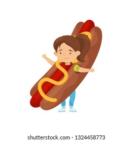 Adorable little girl in costume of hot dog. Junk food. Cute child with smiling face expression. Flat vector design