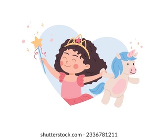 Adorable little girl with diadem holding unicorn and magic wand. Kid plays with favorite toy. Entertainment and affection concept. Cartoon character vector illustration isolated on white background