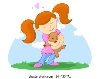 Adorable little girl dressed as a ballerina in a tutu, hugging a teddy bear/Vector Cartoon Teddy Bear