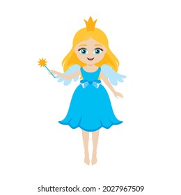 Adorable little girl fairy with a crown and a magic wand vector. Cute little girl in a blue princess dress icon vector. Cute fairy with wings icon isolated on a white background