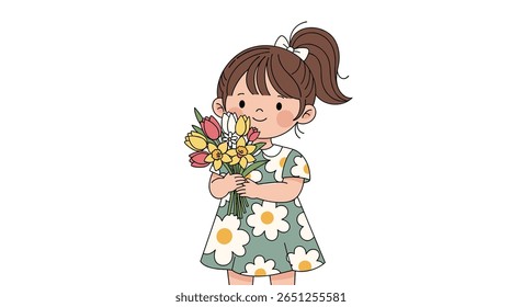 Adorable little girl in a floral dress holding a bouquet of colorful flowers