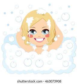 Adorable little girl having fun bubble bath