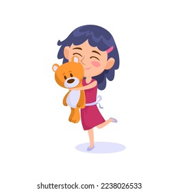 Adorable little girl hugging her teddy bear isolated on white background. Happy kid playing with her Birthday present. Smiling child cuddling a favorite toy. Cartoon style vector illustration.