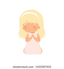 Adorable Little Girl Kneeling in Prayer Cartoon Vector Illustration