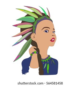 Adorable little girl native American Indian in feather headdress. Vector illustration