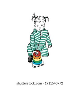 Adorable little girl with ponytails in a striped overall playing with a colourful pyramid toy. Hand drawn vector illustration in sketch style.