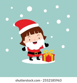 Adorable Little Girl in Santa Costume with Gift Box in Snowy Scene.Happy Cute Santa Girl Cartoon on Christmas Day