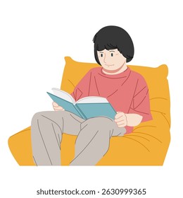 An adorable little girl with short hair is reading her favorite story book on a comfortable sofa
