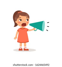 Adorable little girl shouting in megaphone flat vector illustration. Annoying toddler making noise with loudspeaker. Cute child shouting in bullhorn cartoon character isolated on white background