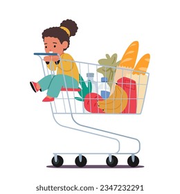 Adorable Little Girl Sitting Happily In A Supermarket Trolley, With Bright Eyes And A Big Smile, As Her Parents Shop For Groceries. Baby Character Isolated on White. Cartoon People Vector Illustration