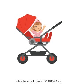 Adorable little girl sitting in a red baby carriage, safety handle transportation of small childrens vector illustration