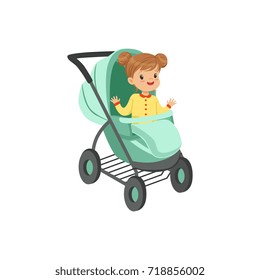 Adorable little girl sitting in an turquoise baby stroller, safety handle transportation of small kids vector illustration